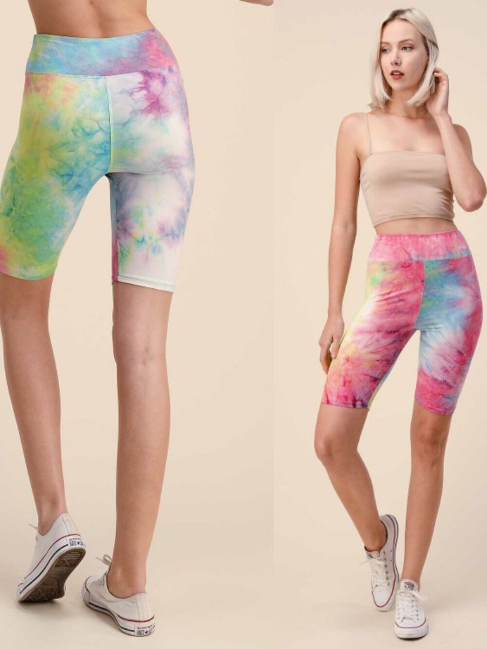 New Mix Pastel Tie Dye High Waist Biker Shorts Rainbow Multicolor